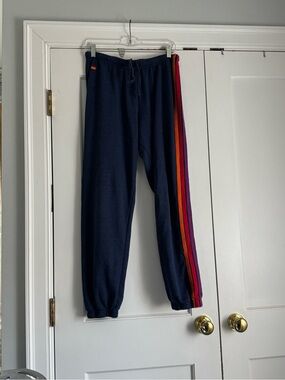 Aviator Nation Navy Joggers with Red-Orange-Navy-Purple-Blue Side Stripes